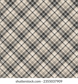 Seamless diagonal plaid and checkered patterns in black brown and white for textile design. Tartan plaid pattern with a cross-shaped background for a fabric print. Vector illustration.