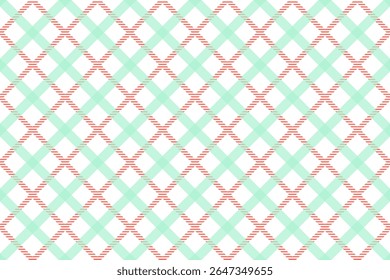 Seamless diagonal plaid pattern with alternating mint and peach lines on white background.