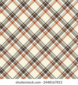 Seamless diagonal plaid patterns in brown orange and beige for textile design. Tartan plaid pattern with a cross-shaped graphic background for a fabric print. Vector illustration.