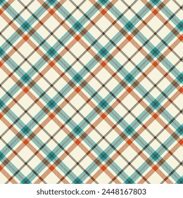 Nahtlose diagonale Plaid-Muster in Grün Braun Orange und Beige für Textildesign. Schottenkariertes Muster mit einem kreuzförmigen grafischen Hintergrund für einen Stoffdruck. Vektorillustration.