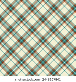 Seamless diagonal plaid patterns in green orange brown and beige for textile design. Tartan plaid pattern with a cross-shaped graphic background for a fabric print. Vector illustration.