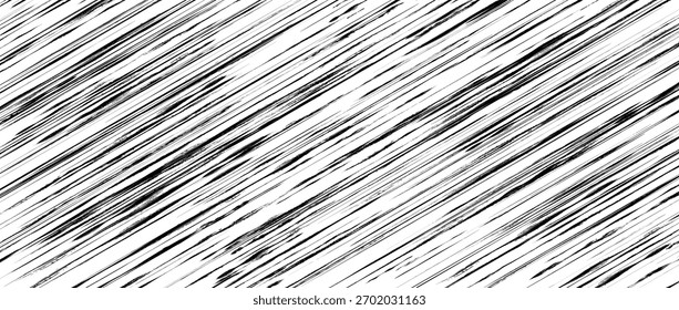 Seamless diagonal scratched texture background. Old grunge brush strokes wallpaper. Distressed etched lines surface overlay. Black and white rough slanted stripes backdrop. Vector weathered pattern