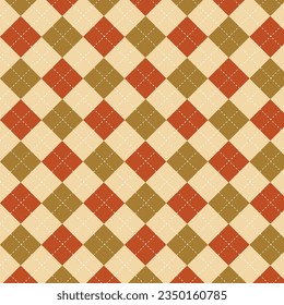 Seamless diagonal square shape patterns with white dash lines in orange beige and green for textile design. Checkered plaid pattern graphic background for a fabric print. Vector illustration.
