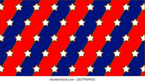 Seamless diagonal star pattern with red and blue stripes. A bold, patriotic background.