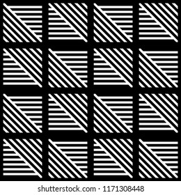Seamless diagonal and straight tile line pattern vector. Design white on black background. Design print for textile, wallpaper, background. Set 8