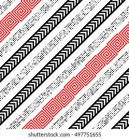Seamless Diagonal Stripe, Arrow and Dots Pattern. Vector Black and Red Design. Abstract Wrapping Background