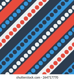 Seamless Diagonal Stripe and Circle Pattern. Vector Blue and Red Background