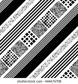 Seamless Diagonal Stripe, Square and Chaotic Dots Pattern. Vector Black and White Background. Abstract Wrapping Wallpaper. Thin Line Design