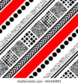 Seamless Diagonal Stripe, Square, Circle, Arrow And Dots Pattern. Vector Black And Red Patchwork Background. 