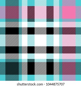 Seamless diagonal tartan pattern. Cyan blue, pink, white and black combination for textile design. Fabric texture background