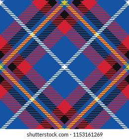 Seamless diagonal textile blue red black yellow and white tartan plaid pattern vector