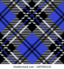 Seamless diagonal textile cyan black and white tartan plaid pattern vector