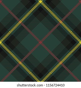 Seamless diagonal textile dark green red and yellow tartan plaid pattern vector