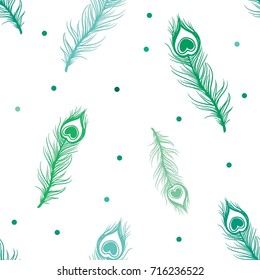 seamless diagonal various colors of green peacock feather on white background with various colors of green polka dot decoration