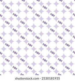 A seamless diagonal vector pattern of round candies decorated with heart designs in shades of purple. Perfect for Valentine's Day cards, gift wraps, fabric prints, and festive decorations.