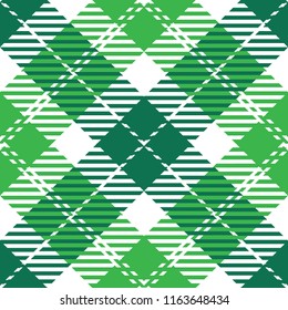 Seamless diagonal white and green classic Scottish check plaid ethnic textile pattern vector