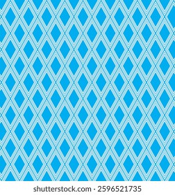 Seamless diamond argyle check pattern in blue and white with dotted red stitch. Vector geometric diamonds background. Fabric texture print for clothing, wrapping paper, decor 