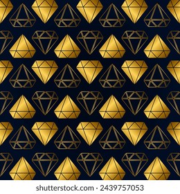 Fondo de diamante sin costura. Diamantes de oro en un patrón de tablero de ajedrez sobre un fondo azul. Ilustración vectorial aislada para diseño y web.