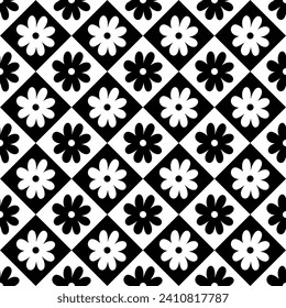 Patrón blanco y negro de diamante impecable con flores. Gráficos vectoriales.