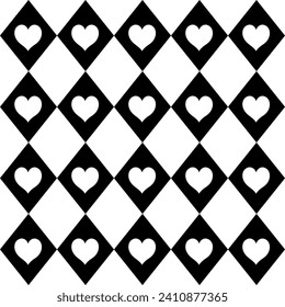 Patrón blanco y negro de diamante impecable con corazones. Gráficos vectoriales.