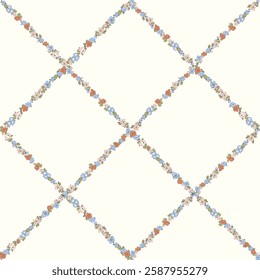 Seamless Diamond Floral Repeat Pattern with Small Ditsy Flowers. Charming Floral Tile Design. Vintage Floral Lattice, Vector Illustration