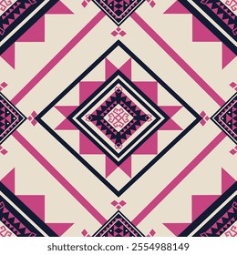 Seamless diamond geometric pink pattern, ethnic, boho, navajo, motif, designed, abstract ethnic for wallpaper, poster, fabrics textiles and clothing, blankets, rugs, robes, decoration, illustration.