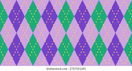 Patrón de arlequín de diamantes sin costuras en los colores tradicionales de Mardi Gras de púrpura, verde y oro para fondos festivos, telas y diseños de celebración.
