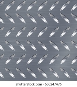Seamless Diamond Metal Background With Tread Plate. Chrome, Silver, Steel, Aluminum. Vector Realistic Pattern.

