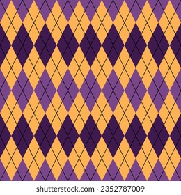 Seamless Diamond Pattern. Halloween Concept Design. Argyle. Rhombus Shape. Purple Black Orange Color. 