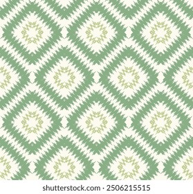 Seamless diamond pattern winter green ikat on white background. Simple Ethnic fashion for textile, Background..,