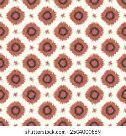 Seamless diamond summer red, black ikat Ethnic boho type textile pattern background.