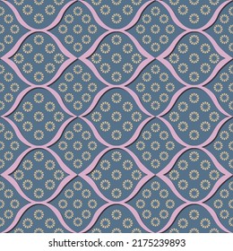 Seamless diamond wavy pattern with flowers on blue background.