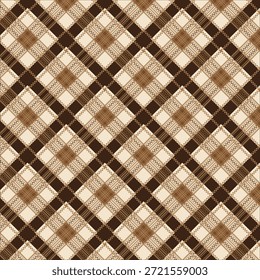 Un patrón de cuadros de rejilla de diamantes sin costuras en tonos de marrón, beige y crema presenta intrincadas texturas de escotilla cruzada y cuadros que crean un diseño cálido y simétrico con elegancia tradicional y profundidad en capas.