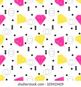 Seamless diamonds pattern. Background with colorful gemstones, circles, arrows and stars. Precious stone, gem, gemstone, jewel, brilliant. 