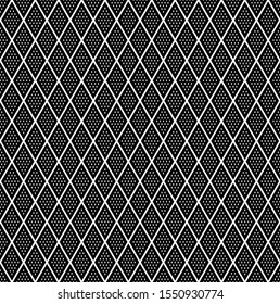 Seamless diamonds pattern. Geometric white texture on black background. Vector art.