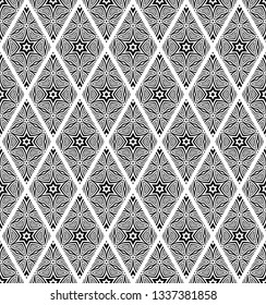 Patrón de diamantes y estrellas sin foco. Textura negra sobre fondo blanco. Arte vectorial.