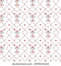 Seamless Diamond-Shaped Floral Pattern in Red and Blue Tones