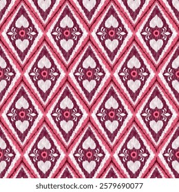 A seamless diamond-shaped ikat pattern featuring stylized hearts and intricate geometric details. The rich pink, red, and white color scheme, Perfect for Valentine’s Day-themed designs.