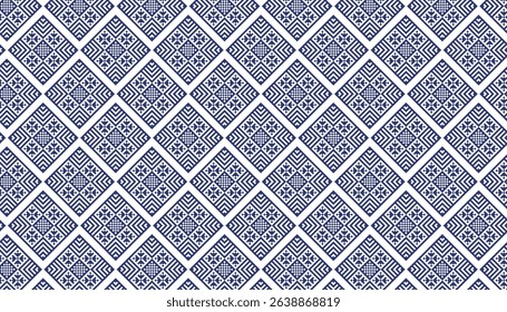 Seamless diamond-shaped vector pattern in blue tones with intricate geometric details inside each rhombus. Ideal for textile prints, wallpapers, and traditional-inspired backgrounds
