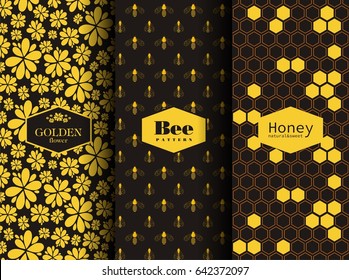 Seamless different bees pattern. Yellow flower pattern. Honey comb pattern.