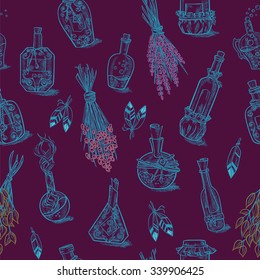 Seamless of different bottles and cans magic potions and liquids to the magic of cooking or kitchen design with feathers