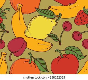 Seamless of different fruits. Banana, apple, cherry, orange, lemon, plum, strawberry.