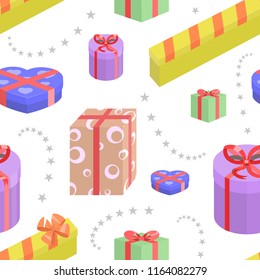 Seamless of different gift boxes with ribbons and bows. Pattern of packaging for any kind of surprises
