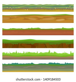 Seamless different grounds, soils and land set for UI games. Surface green soils grass. Soil ground land, underground icon, game earth. Vector illustration