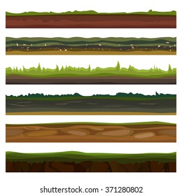 Seamless different grounds, soils and land set for UI games. Surface green soils grass. Soil ground land, underground icons, soil game earth. Vector illustration EPS10