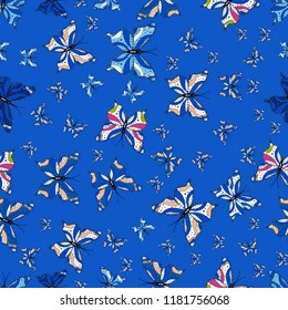 Seamless of different multicolored butterflies. Collection of fantasy colorful pictures. Vector butterflies for design. Vector design. Decor on neutral, white and blue background for clothing style.