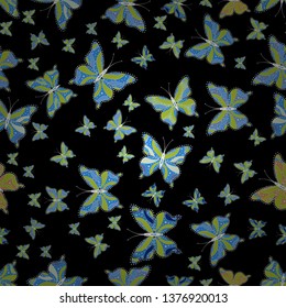 Seamless of different multicolored butterflies. Collection of fantasy colorful pictures. Decor on blue, black and green background for clothing style. Vector design. Vector butterflies for design.