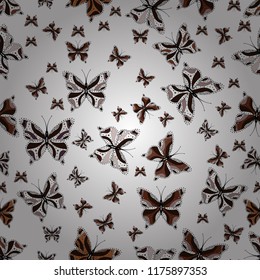 Seamless of different multicolored butterflies. Vector butterflies for design. Collection of fantasy colorful pictures. Decor on white, brown and neutral background for clothing style. Vector sketch.