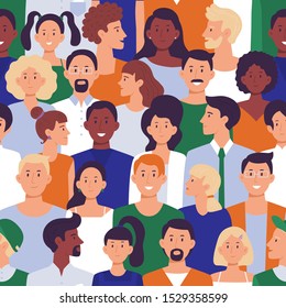 Seamless different people portraits pattern. Men and ladies crowd, social demonstration and creative avatars. International characters, social protest or society demonstration vector illustration