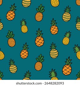 Seamless Different Pineapples Pattern Design Blue Background
